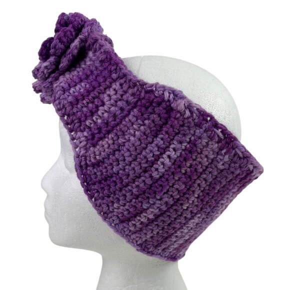 Handmade Purple Crochet Flower Headwrap Knit Headband Winter Ear Warmer - Picture 6 of 12